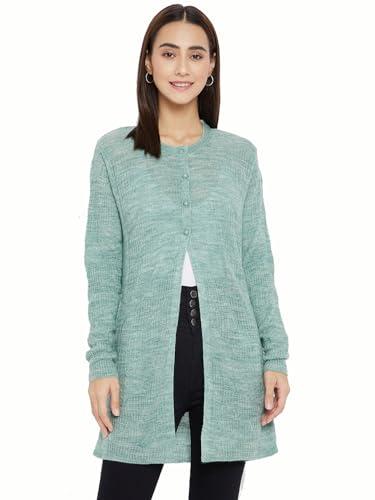 clapton women round neck fullsleeves self desgin cardigan has straight hem & button closure ady4047-a-trq_l blue