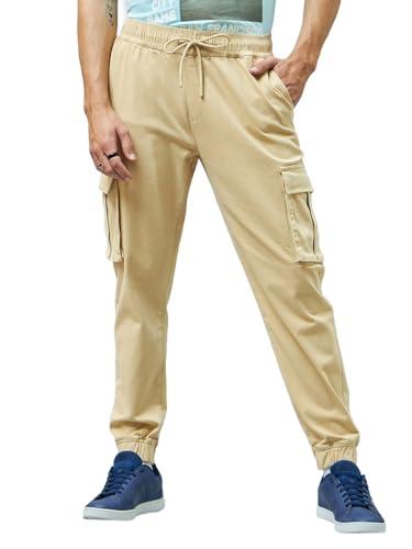 bewakoof men's solid oversized fit cotton blend cargo trousers_ 620441 beige_ 36