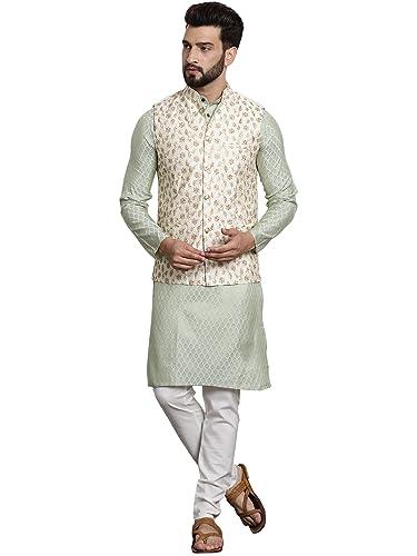 sojanya (since 1958 men's silk blend pista green kurta & cream pyjama with cream embroidered nehrujacket