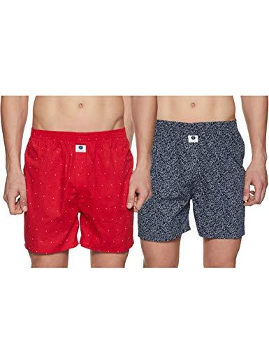 amazon brand - symbol men's cotton printed boxer shorts (combo pack of 2) casual | underwear | half pants | short pant - regular fit with back pocket (red & navy_s)