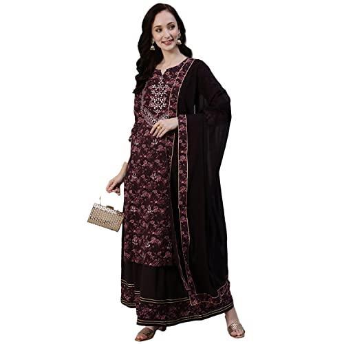 ishin women's burgundy embellished a-line kurta set with sharara and dupatta