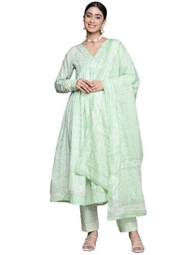 anubhutee women's cotton green ethnic motifs printed a-line kurta suit set with pants and dupatta