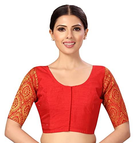 studio shringaar womens elbow length sleeves silky saree blouse with brocade sleeves(red, 40)