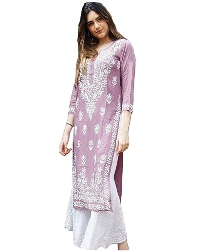 anni designer women's cotton blend straight chikankari embroidered kurta (victoria purple_xxl_purple_xx-large)