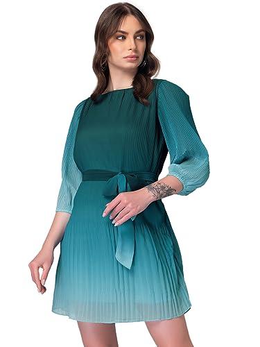 faballey women's georgette teal blue ombre pleated dress with belt mini length (drs06552_green_l)