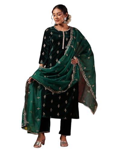 ishin women's velvet ethnic motifs zari green straight kurta suit set with trousers and dupatta