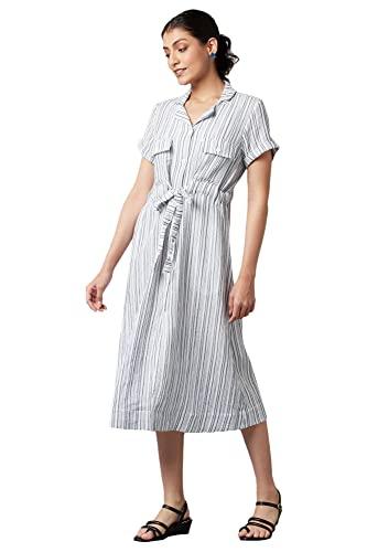 w for woman women's cotton blue stripe print lapel collar dress calf length (22few17754-830051 l)