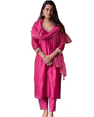 gosriki women's cotton blend kurta with pant & dupatta (bagicha-rani-gs_pink_small)