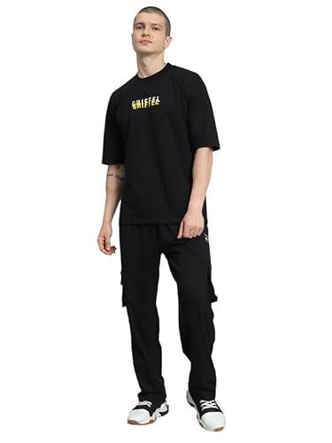 griffel men printed black t-shirt and trackpant set (l)