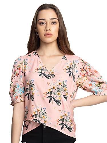 shaye peach casual short sleeves v-neck printed top for women