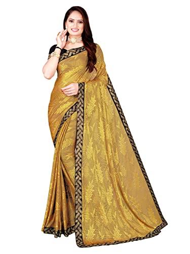 saadhvi women's yellow lycra foil printed saree with unstithed blouse(fl-coconut44, free size)