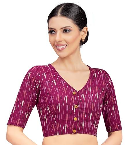 studio shringaar women's wine cotton ikat printed elbow length sleeves saree blouse (wine, 36)