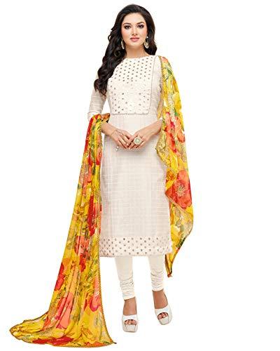 rajnandini women's white chanderi silk printed semi-stitched salwar suit material