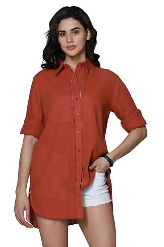 high star women's solid oversized fit shirt (hswshs2405_rust