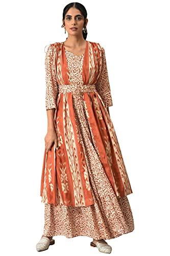 w for woman orange ikkat printed cape with crop top and skirt co-ord set_22auws19137-121162_l