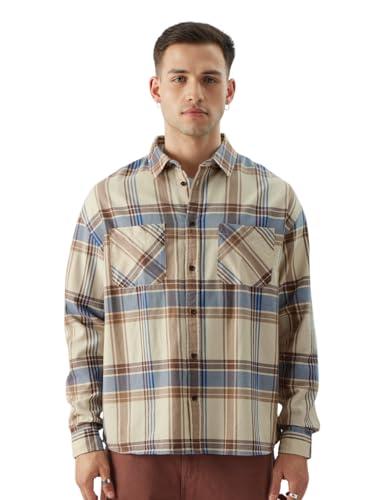 the souled store checks: blue yellow men and boys long sleeve collared neck button front relaxed fit shirts