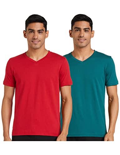 amazon brand - symbol men's solid regular fit half sleeve cotton t-shirt (combo pack of 2) (aw17plpo2v6_l_viridian and sage red)