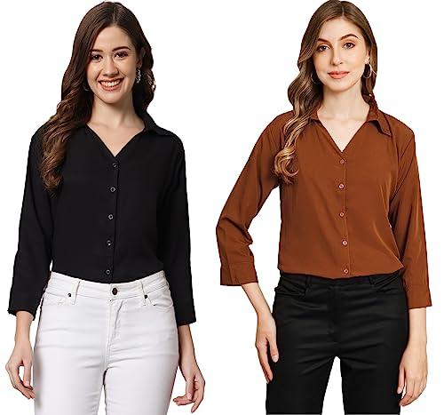 funday fashion women regular fit solid v collered casual shirt (pack of 2) (large, black & brown)