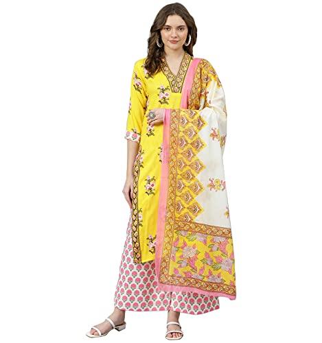 ratan women cotton blend kurta palazzo with dupatta set (et3501_m_yellow_m)