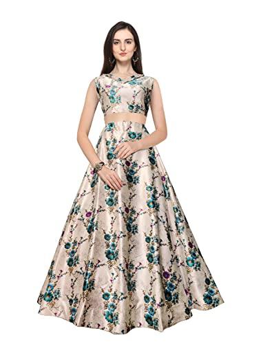 kaizen texo fab women's digital printed zari satin silk semi stitched crop top lehenga (printed crop top,free size)(white)