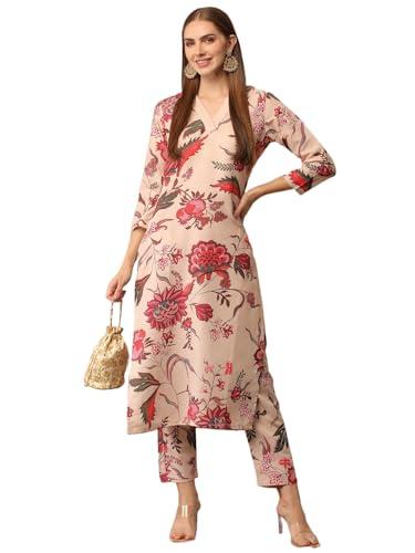 gosriki women's cotton blend straight printed kurta with pant (theo beige-gs_s_beige_small)