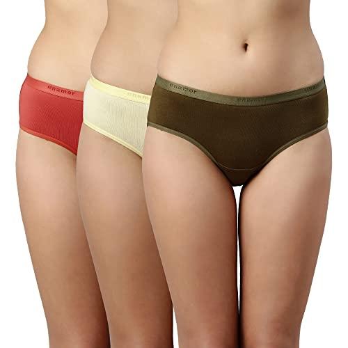 enamor stretchable cotton hipster panties for women pack of 3, full coverage with antimicrobial & stain release technology | color and prints may vary(cr02-multicolordark-m)