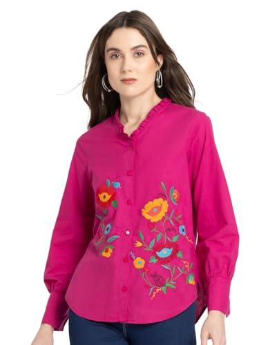 shaye fuchsia casual long sleeves v-neck embroidered shirt for women