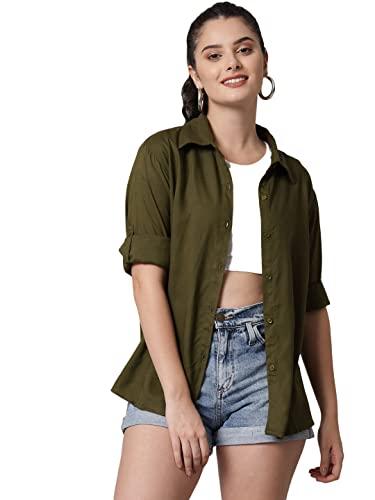 funday fashion women boxy fit solid casual shirt (small, green, oversized fit)