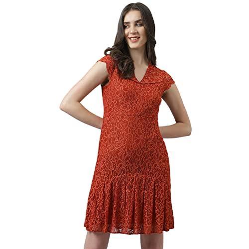 latin quarters women rust self design lace cap sleeve dress with ruffles