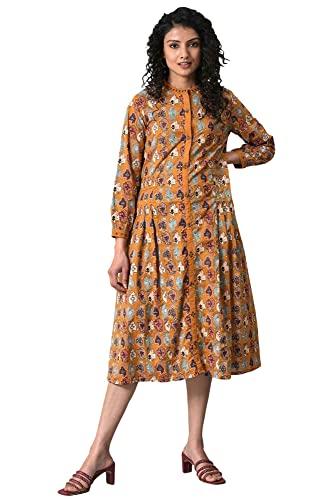 w for woman dark yellow printed pleated shirt dress_23few18170-118734_m_10