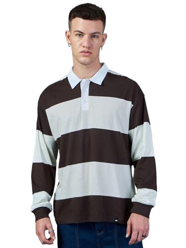 bewakoof men's striped oversized fit full sleeve polo cotton polo t-shirt_617319_brown_m