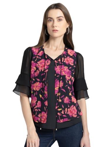 shaye black casual 3/4th sleeves round neck floral crepe top for women