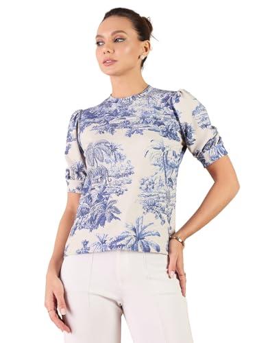 uptownie lite women's cotton regular fit stretchable puff sleeve top (xl,blue)