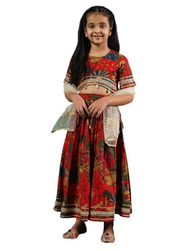 straight style cotton fabric red color printed lehenga choli with dupatta-(4-5y)