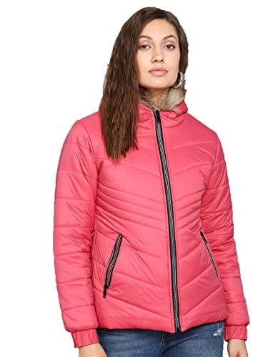 kotty women pink nylon full sleeve padded puffer jacket (pink,34)