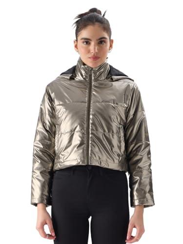 the souled store solid dark silver women regular fit full sleeve polyester puffer jacket