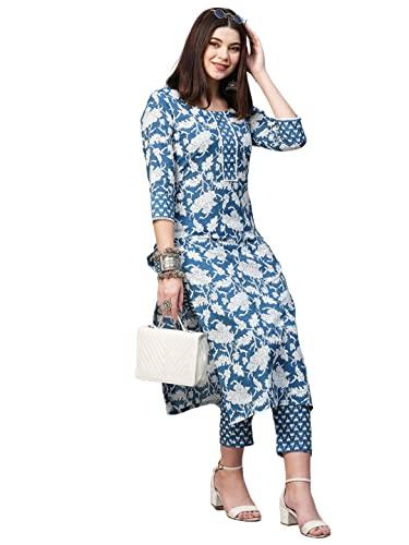 anni designer women's cotton blend printed straight kurta with pant (pustak blue-gnw_xl_white/blue_x-large)