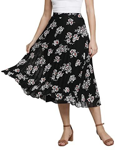 nuevosdamas women western floral printed skirt | stylish a- line pleated skirt | party casual calf length skirt (large, pleated black)