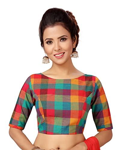 studio shringaar women's readymade pure cotton madras checks saree blouse with elbow length sleeves (multi-color,36)