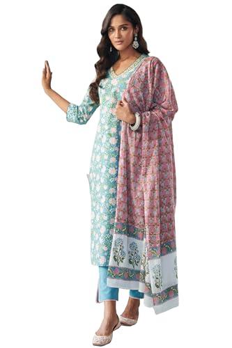 gosriki women's cotton blend straight printed kurta with pant & dupatta (made green_m-go_green_medium)