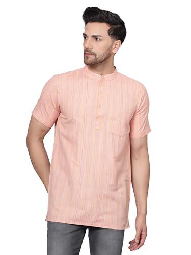 latest chikan men's cotton regular striped short kurta half sleeves - casual ethnic wear light peach