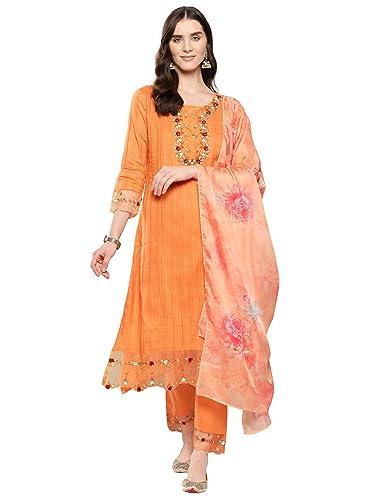 indo era women's orange embroidered a-line kurta & pant with dupatta set (23may322_large)