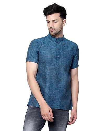 latest chikan men's cotton blend regular textured short kurta half sleeves - casual ethnic wear light blue