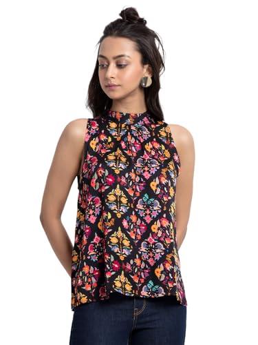 shaye black casual sleeveless halter neck floral printed satin top for women