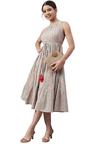 janasya women's mint green cotton floral block print tiered western dress(jne3961-dr-m)