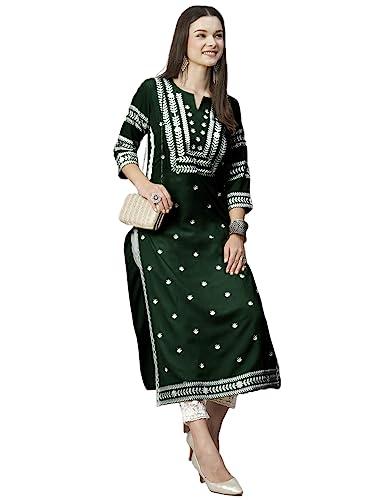 anni designer women's cotton blend chikankari embroidered straight kurta (stho-dark green_xxl_dark green_xx-large)