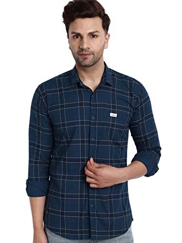 majestic man slim fit cotton casual check shirt for men (xx-large, navy blue)