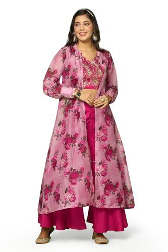 fashion dream women’s dola silk crop top and sharara suit set with shrug (fdwset00066 rni l_rani_l)