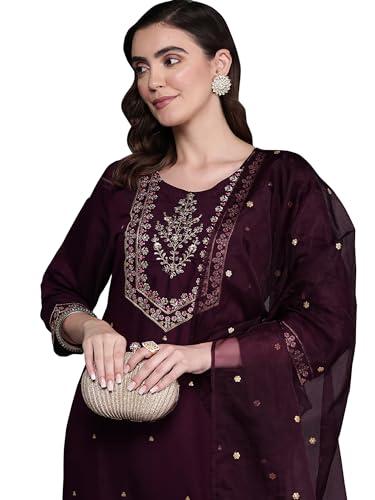 indo era wine straight embroidered poly silk kurta trouser with dupatta set for women (kh9wn7195_large)