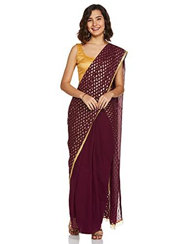 indya georgette a-line wine embellished pleated pre-stitched saree